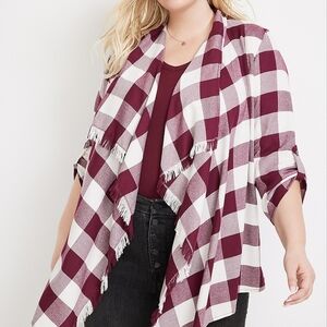 EUC Maurices Womens Small Plaid Open Front Waterfall Cardigan Kimono Mauve White